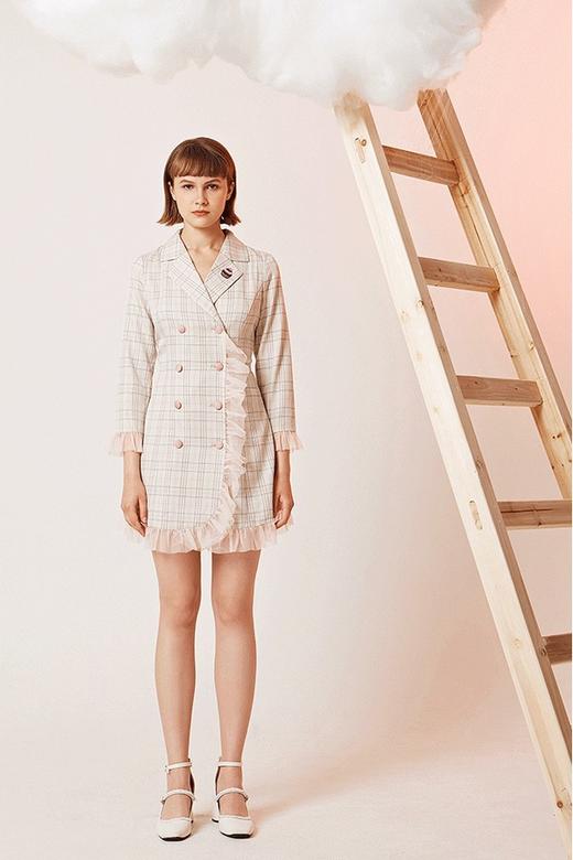 komello 法式复古粉色格纹刺绣连衣裙 14607 商品图0