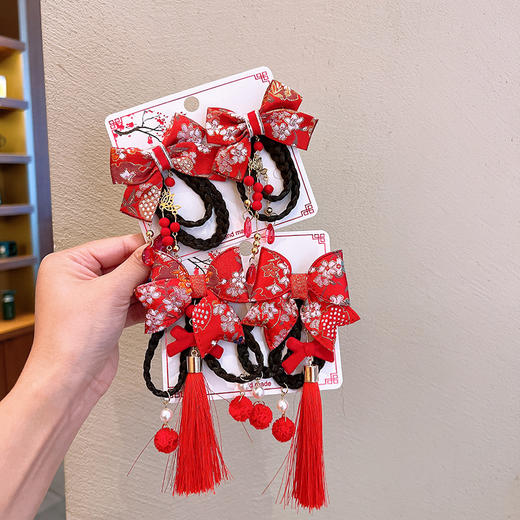 中国风新年头饰儿童过年发饰女童假发蝴蝶结拜年发卡宝宝喜庆发夹 商品图3
