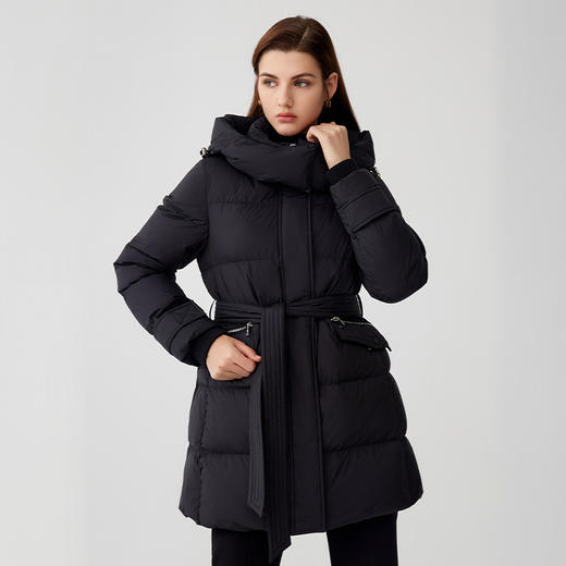 【中长款女士90白鹅绒服】23年冬季新品女士中长款连帽羽绒服腰带收腰外套 商品图2