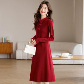 新年红色毛衣裙，秋冬新款国风毛领拼接内搭打底连衣裙CC-J-382