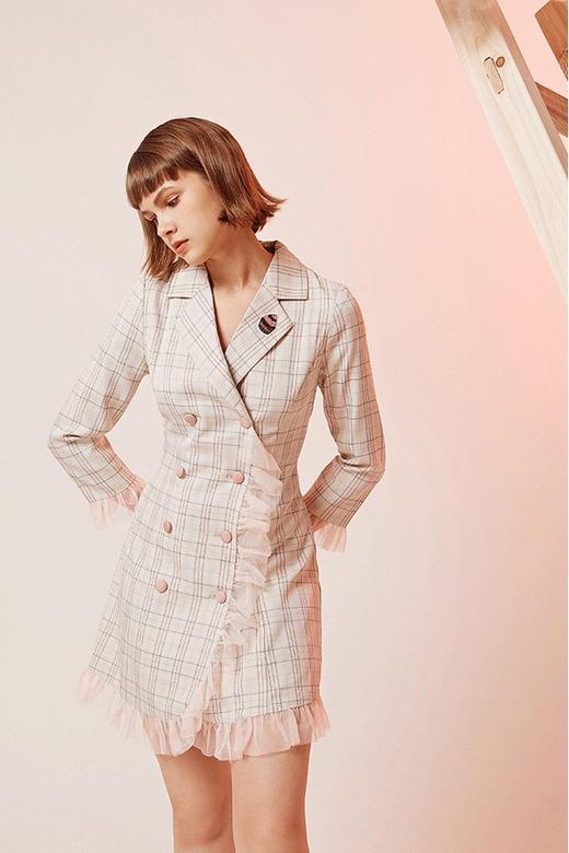 komello 法式复古粉色格纹刺绣连衣裙 14607 商品图5