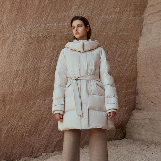 【中长款女士90白鹅绒服】23年冬季新品女士中长款连帽羽绒服腰带收腰外套 商品图3