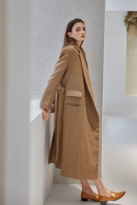 DAMO WANG/王大墨 棕色格纹羊毛西装长外套 13993