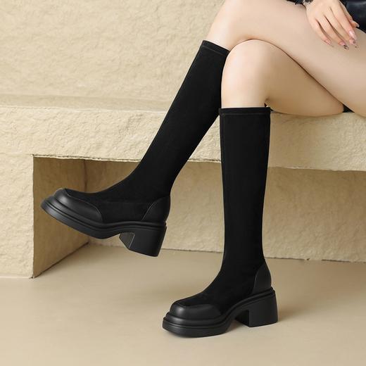 ZHR加绒高跟长靴女2023秋冬气质粗跟瘦瘦靴显瘦厚底弹力靴长筒靴 商品图3