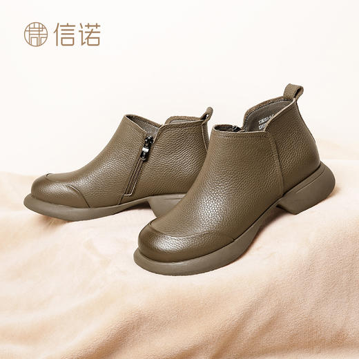 信诺全牛皮短靴女士冬季新款加绒加厚保暖棉鞋中年休闲软皮妈妈鞋23M583-5H/23M583-5C 商品图2