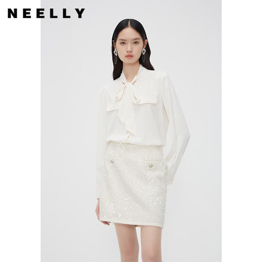 NEELLY纳俪商场同款春季超好看高腰亮片半身裙女百搭小香风A字裙N24012E01044 商品图0