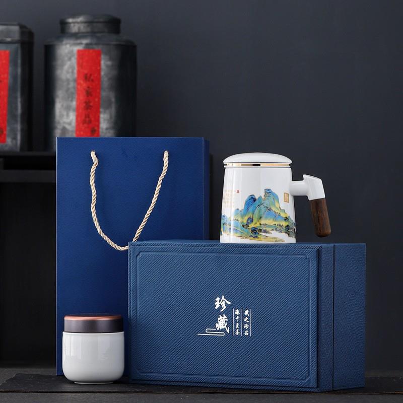 羊脂玉茶水分离杯国潮办公陶瓷马克杯茶叶罐套装商务礼品开业赠送