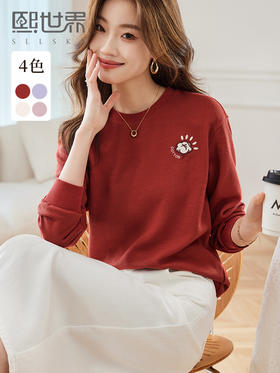 【年终特卖】熙世界华夫格卫衣女宽松休闲减龄小个子无帽圆领上衣2025秋新款