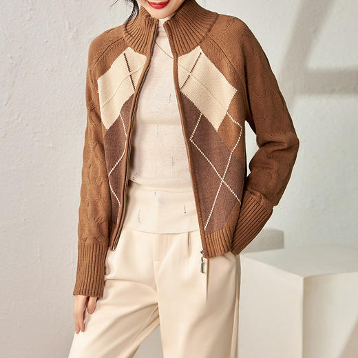 冬季菱格复古立领羊毛针织开衫，毛衣宽松百搭保暖上衣WLZD-2326201 商品图1