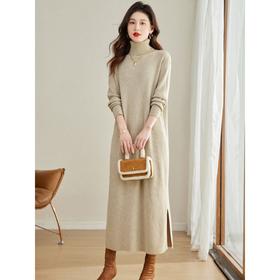 秋冬季新款内搭连衣裙，开叉加长款过膝长袖高领加厚针织裙CC-J-455