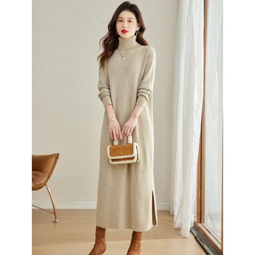 秋冬季新款内搭连衣裙，开叉加长款过膝长袖高领加厚针织裙CC-J-455 商品图0