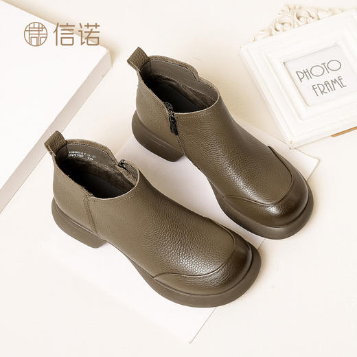 信诺全牛皮短靴女士冬季新款加绒加厚保暖棉鞋中年休闲软皮妈妈鞋23M583-5H/23M583-5C 商品图0