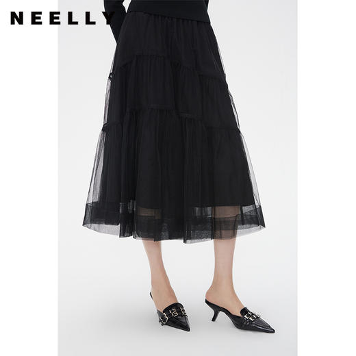 NEELLY纳俪商场同款春新款黑色中长款网纱裙女高腰显瘦仙女半身裙N24012E01047 商品图1