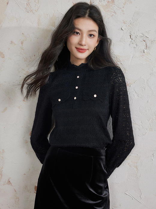 【年终特卖】熙世界杏色花边立领蕾丝衫女2025冬新款内搭磨毛抓绒小衫洋气上衣 商品图1