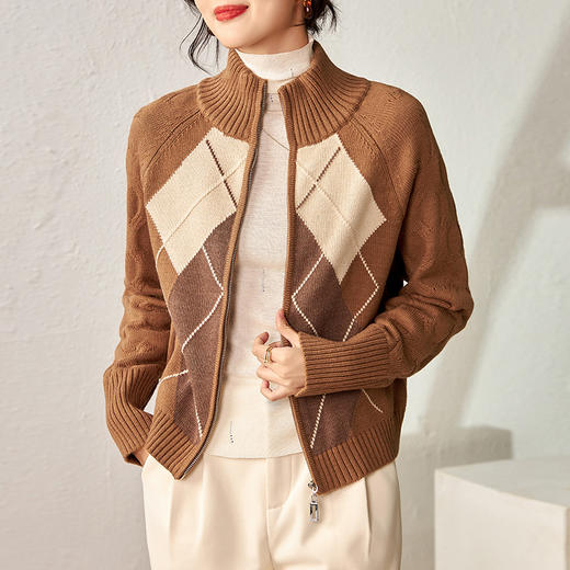 冬季菱格复古立领羊毛针织开衫，毛衣宽松百搭保暖上衣WLZD-2326201 商品图0