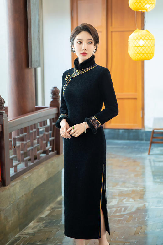 SYG-767新款旗袍冬款加厚水貂绒长款时尚显瘦复古高档旗袍 商品图6