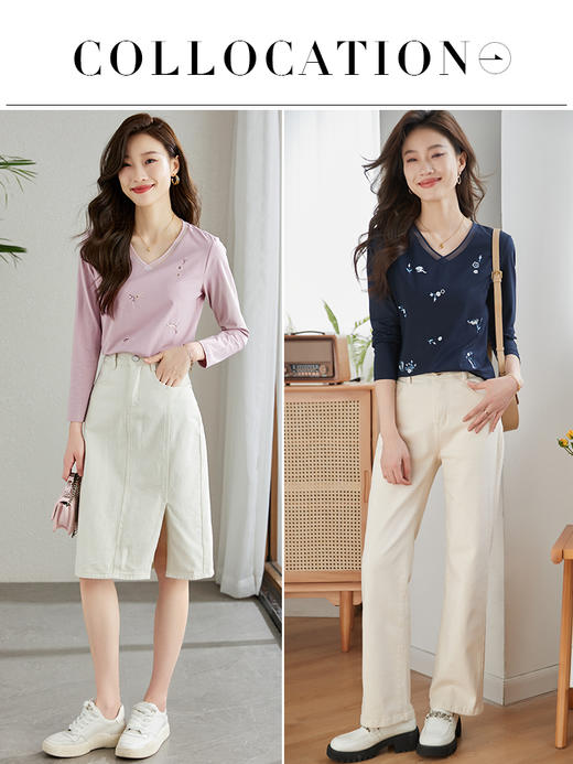 【年终特卖】熙世界2025春秋新款浪漫花卉刺绣欧根纱V领T恤女宽松显瘦长袖上衣 商品图4