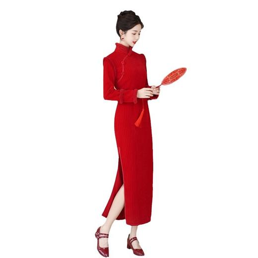 红色雪尼尔婚宴复古改良新中式婚礼旗袍GX-907574 商品图4