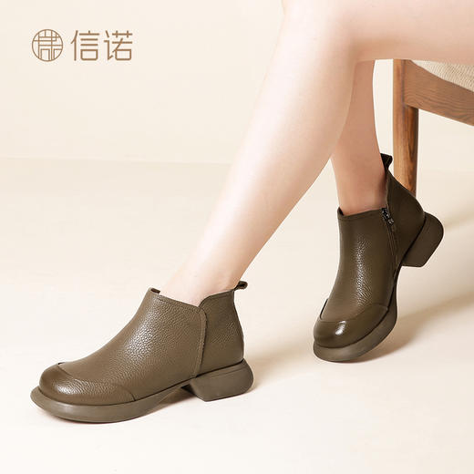 信诺全牛皮短靴女士冬季新款加绒加厚保暖棉鞋中年休闲软皮妈妈鞋23M583-5H/23M583-5C 商品图4