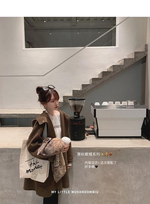 金蘑菇菇【黑标戴帽羊绒】咸菜绿 短款  戴帽休闲风双面呢大衣 商品图0