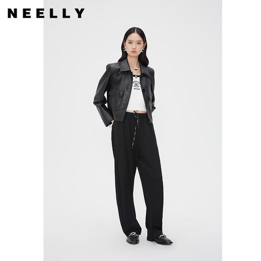 NEELLY纳俪商场同款春系带休闲裤运动阔腿裤女高腰显瘦宽松拖地裤N24012H01052 商品图1
