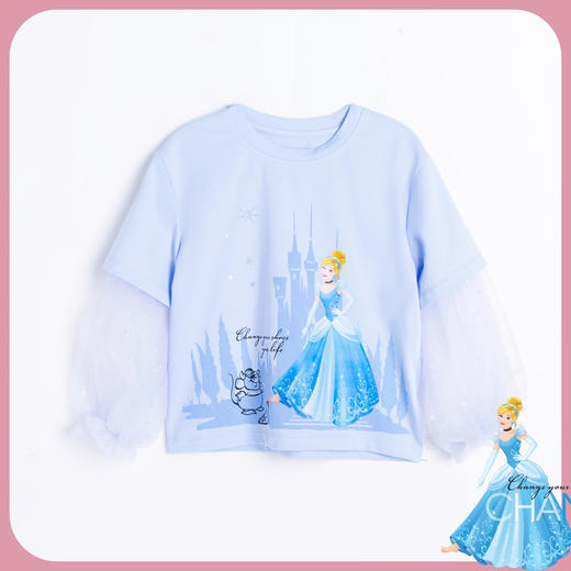 【商场同款】迪士尼童装女童长袖T恤假两件春秋网纱拼接袖子中小童灰姑娘上衣221DS0406 商品图5