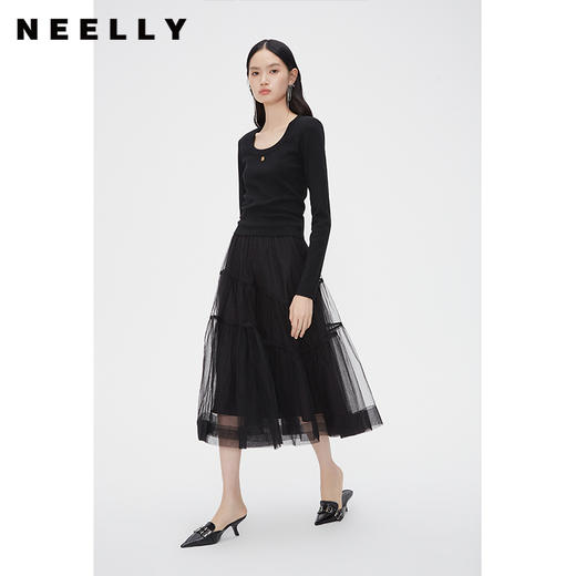 NEELLY纳俪商场同款春新款黑色中长款网纱裙女高腰显瘦仙女半身裙N24012E01047 商品图2
