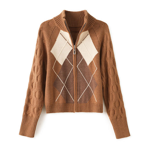 冬季菱格复古立领羊毛针织开衫，毛衣宽松百搭保暖上衣WLZD-2326201 商品图4