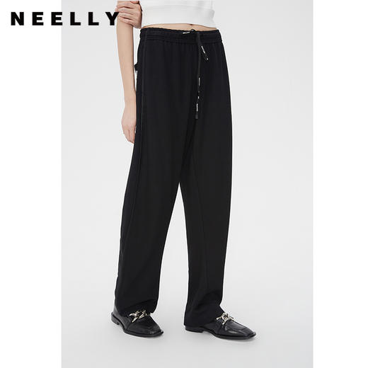 NEELLY纳俪商场同款春系带休闲裤运动阔腿裤女高腰显瘦宽松拖地裤N24012H01052 商品图2