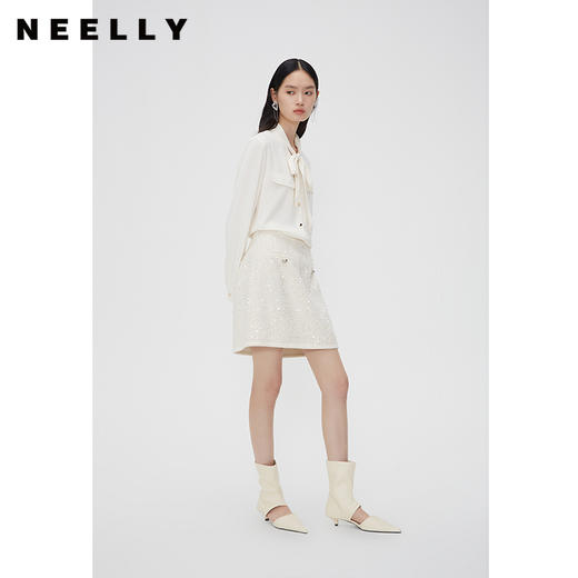 NEELLY纳俪商场同款春季超好看高腰亮片半身裙女百搭小香风A字裙N24012E01044 商品图1