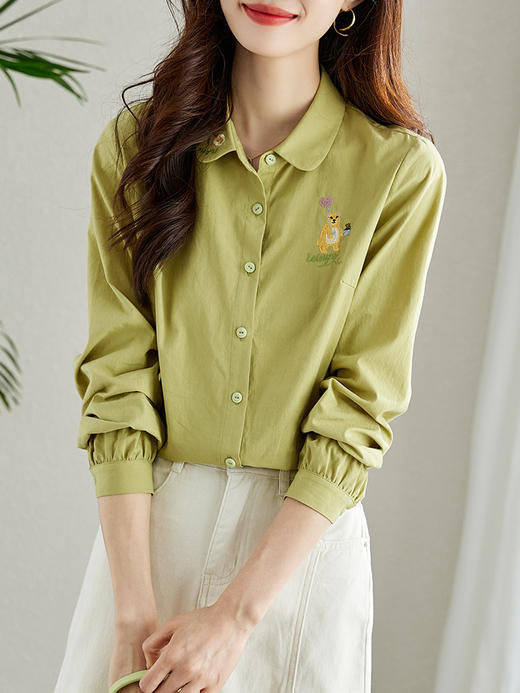 【1件83折】趣味小熊绣花纯棉衬衫女时尚减龄文艺清新长袖衬衣秋装新品 商品图6