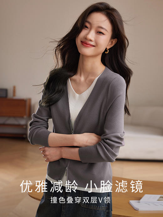 【年终特卖】熙世界设计感撞色叠穿V领假两件复古红针织衫上衣女秋 商品图2