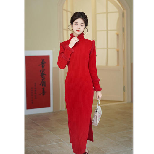 红色雪尼尔婚宴复古改良新中式婚礼旗袍GX-907574 商品图3