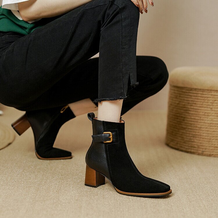 【预售5天】秋冬新款翻皮方头复古加绒粗跟短靴单靴侧拉链拼色高跟裸靴PS&PS1100