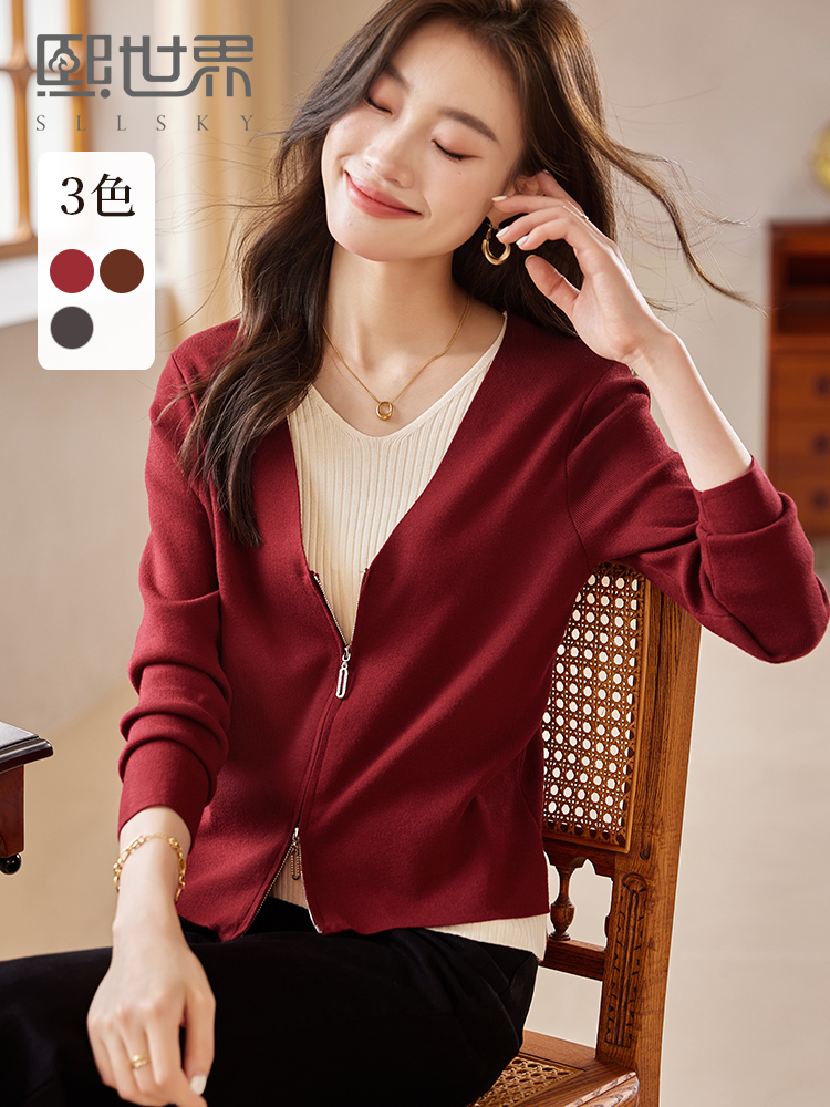 【年终特卖】熙世界设计感撞色叠穿V领假两件复古红针织衫上衣女秋