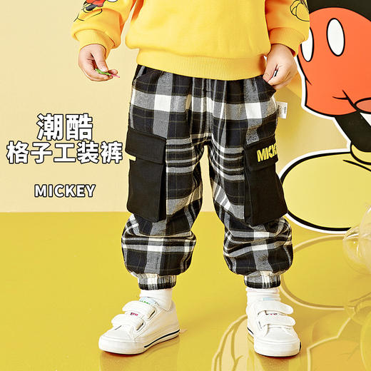 【商场同款】迪士尼宝宝冬季男童黑白格加绒长裤214DK0199 商品图1