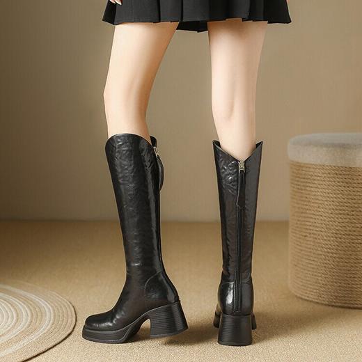 【预售7天】羊毛靴骑士靴女冬季加绒斜口高筒靴粗跟气质西部MBJR&695 商品图2