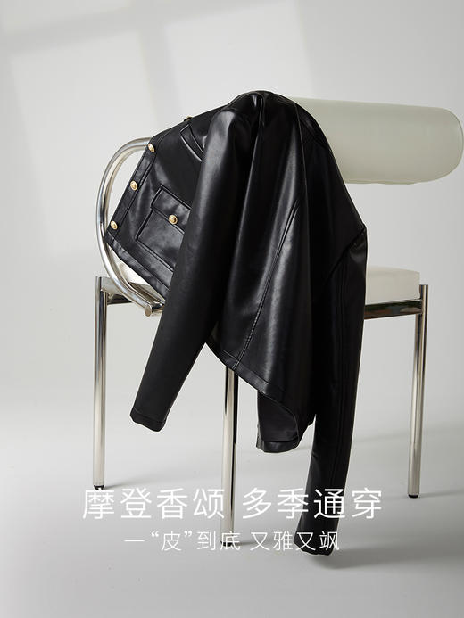 【年货节】熙世界小香风黑色皮衣外套短款2025秋装新款圆领复古感夹克上衣 商品图3
