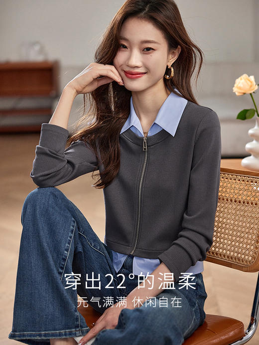 【年终特卖】熙世界设计感假两件polo领衬衫女2025秋款拉链针织拼接别致衬衣 商品图1