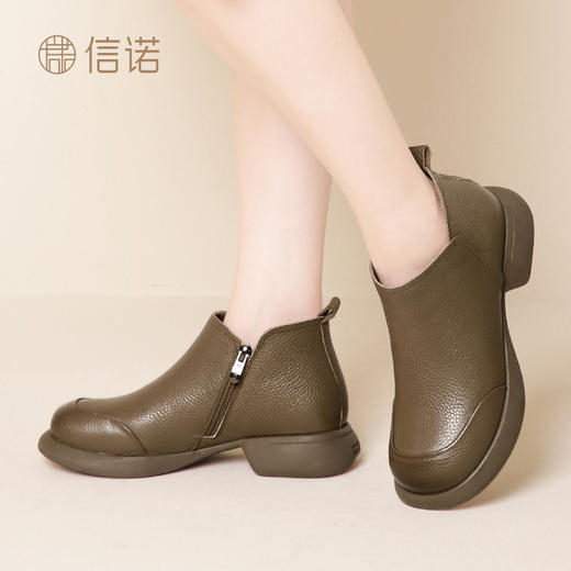 信诺全牛皮短靴女士冬季新款加绒加厚保暖棉鞋中年休闲软皮妈妈鞋23M583-5H/23M583-5C 商品图5