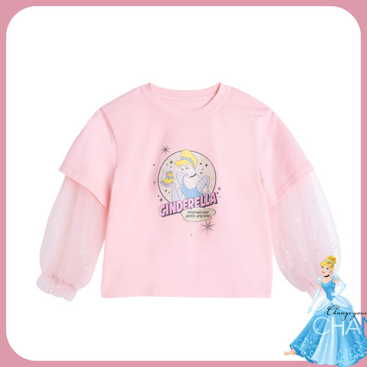 【商场同款】迪士尼童装女童长袖T恤假两件春秋网纱拼接袖子中小童灰姑娘上衣221DS0406 商品图0