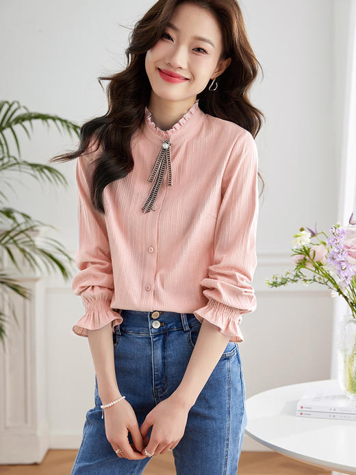 【专属特价】熙世界纯棉肌理衬衫设计感小众法式复古木耳边立领秋装上衣女新款 商品图3