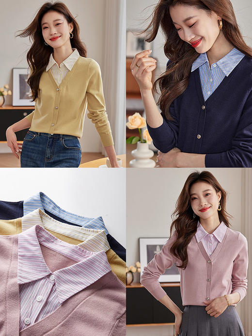 【专属特惠】熙世界假两件衬衫领拼接针织衫女别致学院风打底上衣2025秋季新款 商品图1