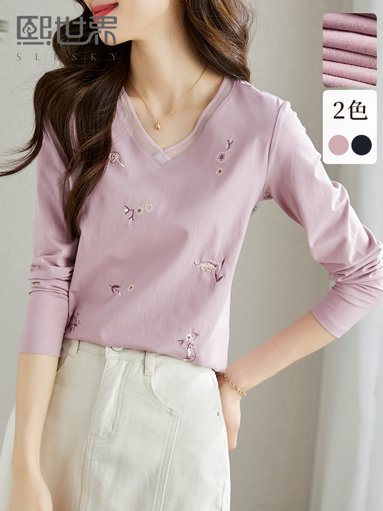 【年终特卖】熙世界2025春秋新款浪漫花卉刺绣欧根纱V领T恤女宽松显瘦长袖上衣
