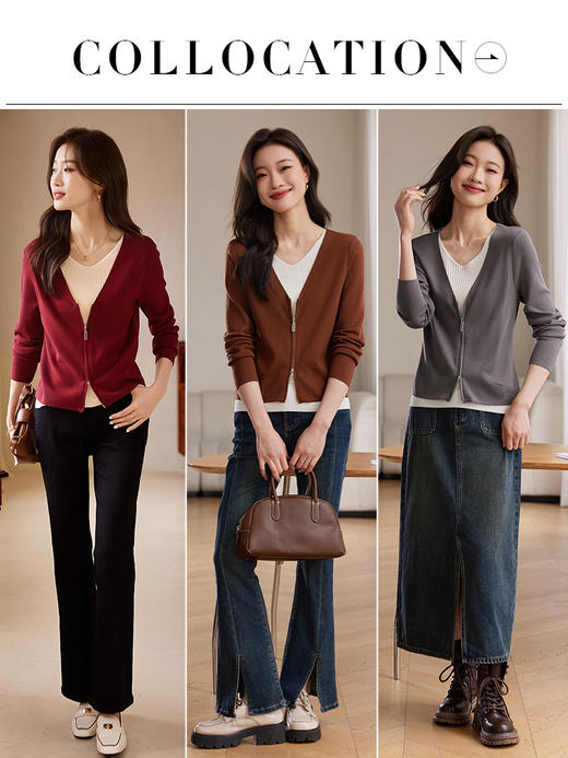 【年终特卖】熙世界设计感撞色叠穿V领假两件复古红针织衫上衣女秋 商品图4