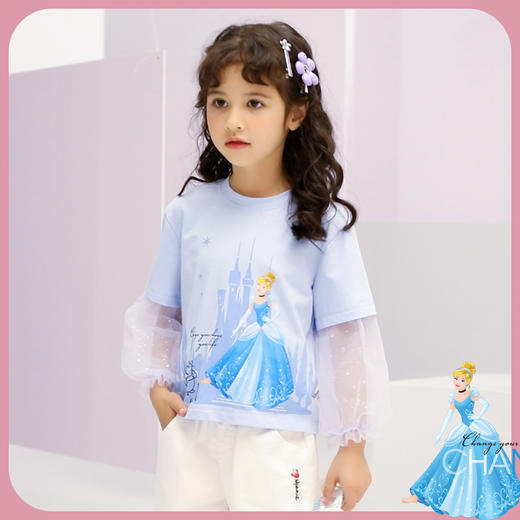 【商场同款】迪士尼童装女童长袖T恤假两件春秋网纱拼接袖子中小童灰姑娘上衣221DS0406 商品图4
