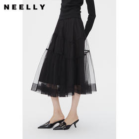 NEELLY纳俪商场同款春新款黑色中长款网纱裙女高腰显瘦仙女半身裙N24012E01047