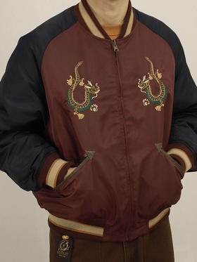 OUTORI/23OUM006/龙年限定冬季复古拼色刺绣立领棉衣新雪丽双面穿棉服男