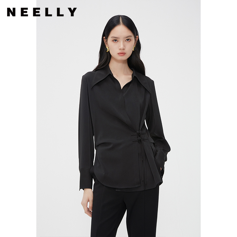 NEELLY纳俪商场同款新中式纯色盘扣衬衫女国风设计感翻领通勤衬衣N24012B01032