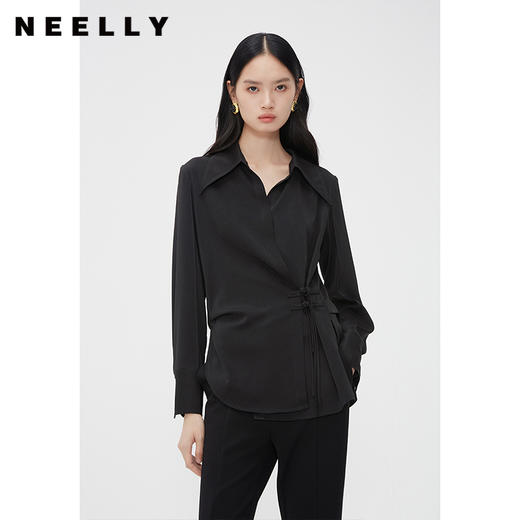 NEELLY纳俪商场同款新中式纯色盘扣衬衫女国风设计感翻领通勤衬衣N24012B01032 商品图0